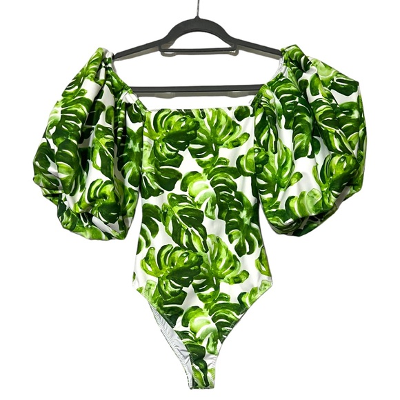 Caroline Constas Nova Off-Shoulder Puff Sleeve One Piece in Green Palm Leaf XS - Picture 3 of 10